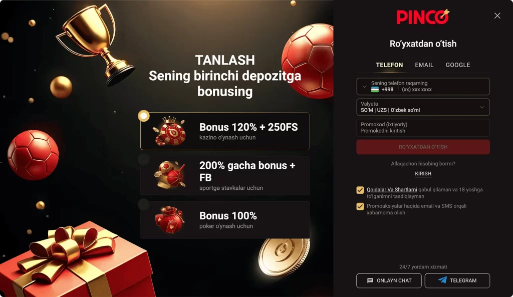 Pinco kazinosida ro'yxatdan o'tish