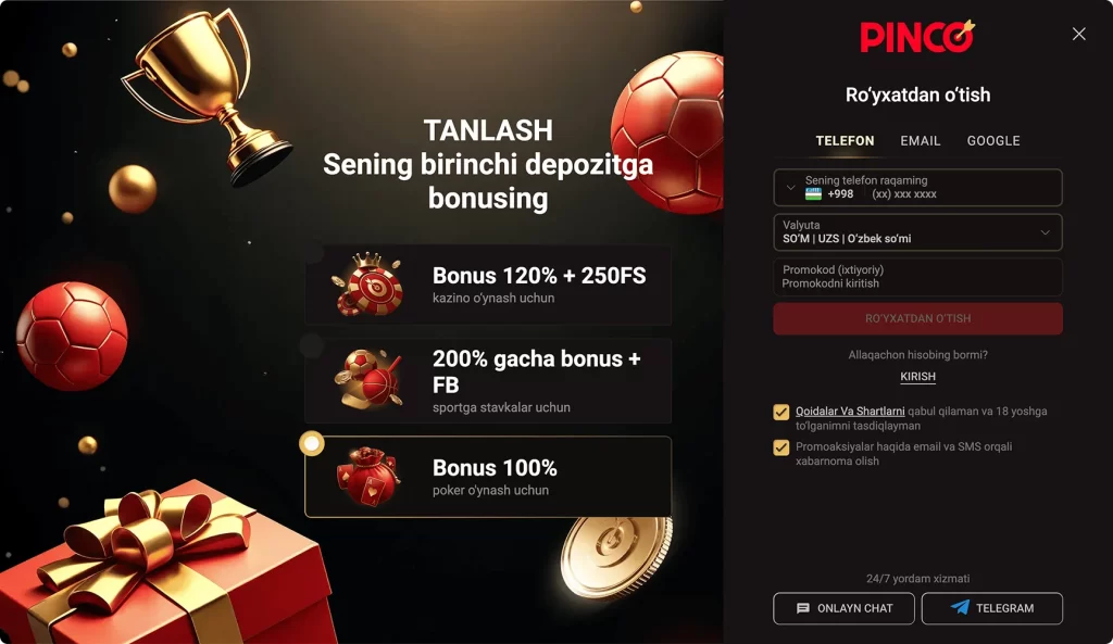 Pinco poker-da ro'yxatdan o'tish