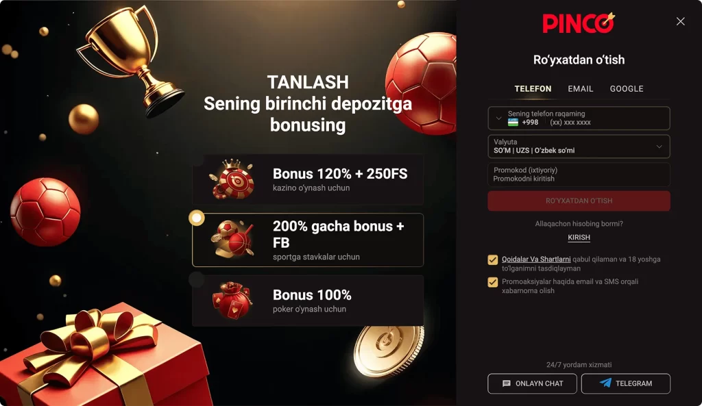 Pinco sportida ro'yxatdan o'tish